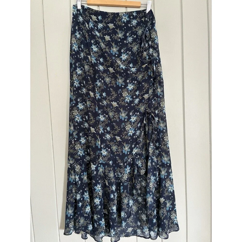 Free People Femme Edge Maxi Skirt 12 Ink Blue Floral Sheer Flowy Wrap Side Tie